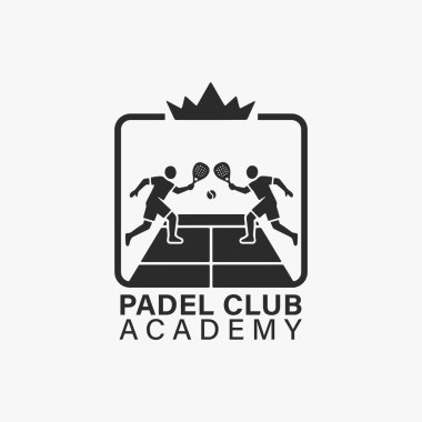 Padel Kulüp Logo Akademisi posterinin düz tasarım konsepti basitlik, zarafet ve tanınma kolaylığına odaklanıyor. Banner, Logos, Etiketler ve Simgeler için Vektör İşareti.