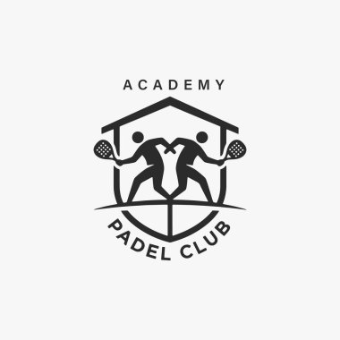 Padel Kulüp Logo Akademisi posterinin düz tasarım konsepti basitlik, zarafet ve tanınma kolaylığına odaklanıyor. Banner, Logos, Etiketler ve Simgeler için Vektör İşareti.
