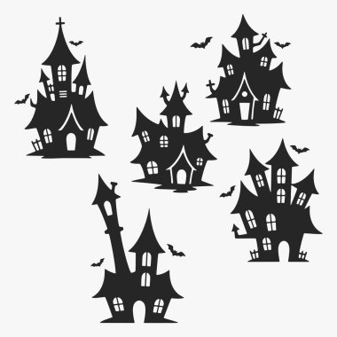 Ürkütücü detaylarla dolu bir grup Cadılar Bayramı evi. Evlerin boyutları ve özellikleri farklıdır. Vektör İllüstrasyonu