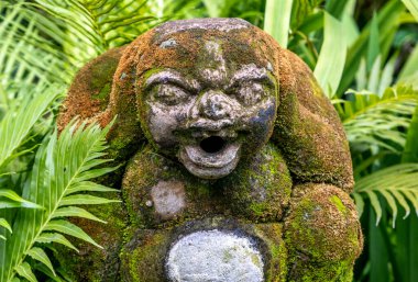 Singapur 'da tropik bir bahçede yosun kaplı bir heykel.