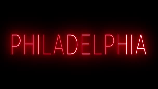 Красный Мерцающий Мигающий Анимированный Неоновый Знак Филадельфии — стоковое видео