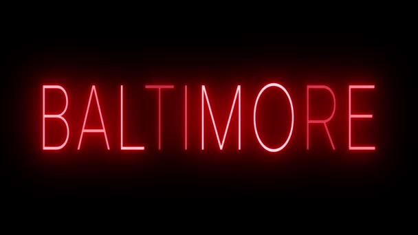 Rotes Flackern Und Blinkende Animierte Leuchtreklame Für Baltimore — Stockvideo
