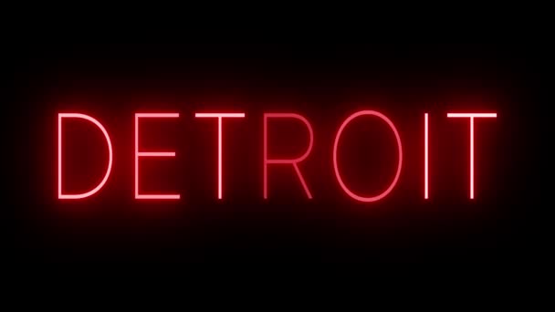 Красный Мерцающий Мигающий Анимационный Неоновый Знак Детройта — стоковое видео