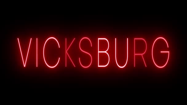 Sinal Néon Animado Cintilante Piscando Vermelho Para Cidade Vicksburg — Vídeo de Stock
