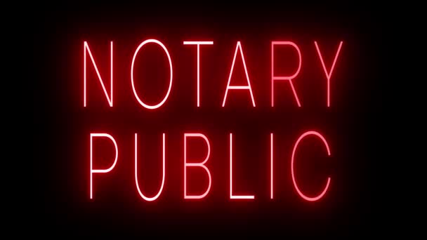 Flickering Red Retro Style Neon Sign Glowing Black Background Notary — Stock Video