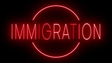 IMMIGRATION için siyah bir arkaplan üzerinde parlayan yanıp sönen kırmızı retro tarzı neon tabela