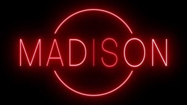 MADISON için siyah bir arkaplan üzerinde parlayan yanıp sönen kırmızı retro biçim neon işareti