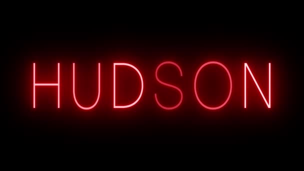 Мерцающий Красный Неоновый Знак Стиле Ретро Светится Черном Фоне Hudson — стоковое видео