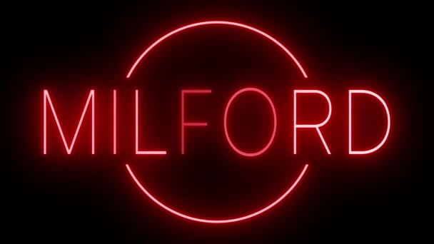 Мерцающий Красный Неоновый Знак Стиле Ретро Светится Черном Фоне Milford — стоковое видео