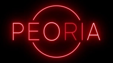 PEORIA için siyah bir arkaplan üzerinde parlayan yanıp sönen kırmızı retro tarzı neon tabela
