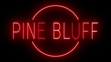 PINE BLUFF için siyah bir arkaplanda parlayan yanıp sönen kırmızı retro tarzı neon tabela
