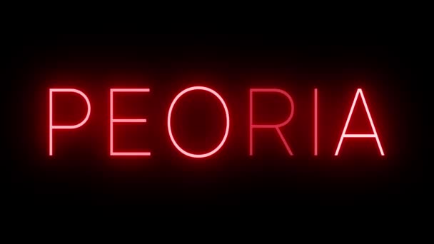 Мерцающий Красный Неоновый Знак Стиле Ретро Светится Черном Фоне Peoria — стоковое видео