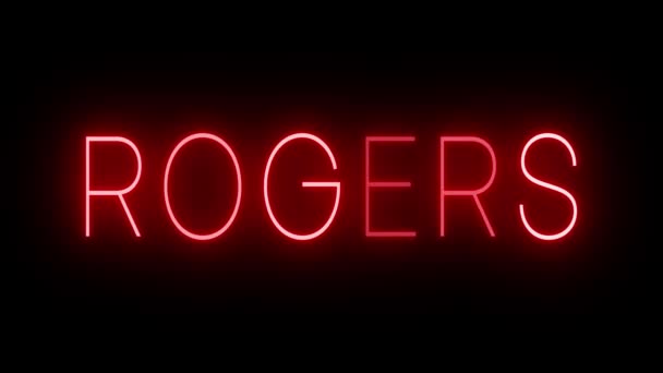 Flackernde Rote Leuchtreklame Retro Stil Vor Schwarzem Hintergrund Für Rogers — Stockvideo