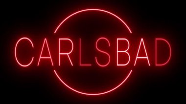 CARLSBAD için siyah bir arkaplan üzerinde parlayan yanıp sönen kırmızı retro tarzı neon işareti