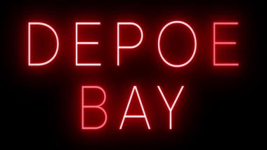 DEPOE BAY için siyah bir arkaplan üzerinde parlayan yanıp sönen kırmızı retro tarzı neon ışığı
