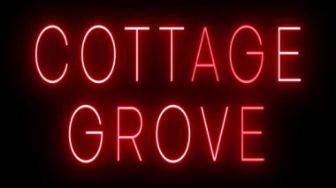 COTTAGE GROVE için siyah bir arkaplan üzerinde parlayan yanıp sönen kırmızı retro tarzı neon işareti