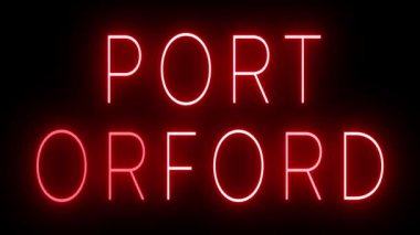 PORT ORFORD için siyah bir arkaplan üzerinde parlayan yanıp sönen kırmızı retro tarzı neon tabela