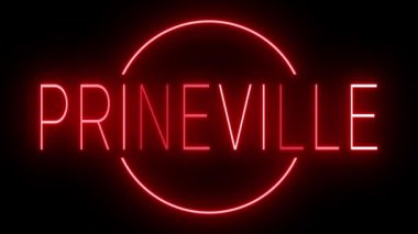 PRINEVILLE için siyah bir arkaplan üzerinde parlayan yanıp sönen kırmızı retro tarzı neon işareti