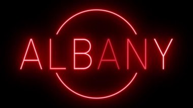 ALBANY için siyah bir arkaplan üzerinde parlayan yanıp sönen kırmızı retro biçim neon işareti
