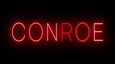 CONROE için siyah bir arkaplan üzerinde parlayan yanıp sönen kırmızı retro tarzı neon tabela