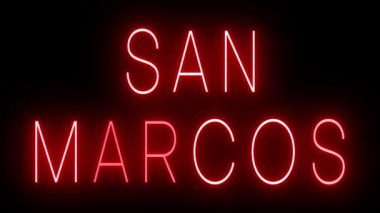 SAN MARCOS için siyah bir arkaplan üzerinde parlayan yanıp sönen kırmızı retro tarzı neon tabela