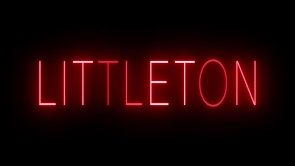 Мерцающий Красный Неоновый Знак Стиле Ретро Светится Черном Фоне Littleton — стоковое видео