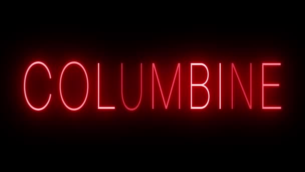 赤いレトロスタイルのネオンサインは Columbineの黒い背景に輝いています — ストック動画