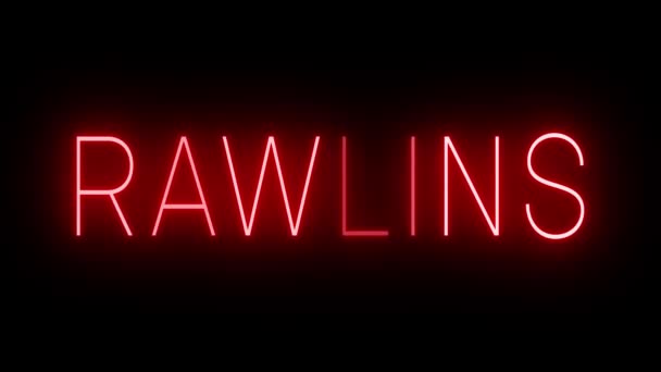 Blikající Červená Retro Neonová Značka Zářící Černém Pozadí Pro Rawlins — Stock video