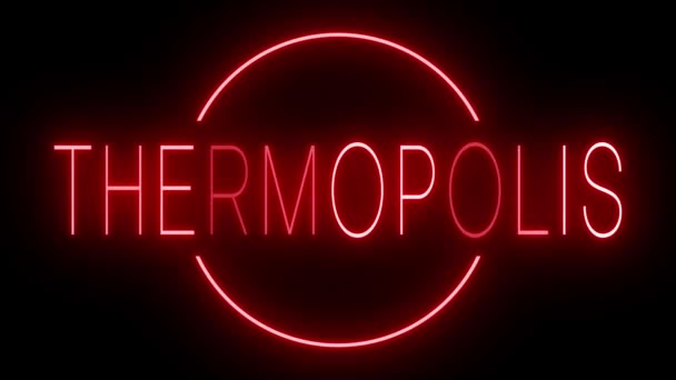 Мерцающий Красный Неоновый Знак Стиле Ретро Черном Фоне Thermopolis — стоковое видео