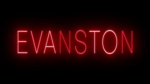 Мерцающий Красный Неоновый Знак Стиле Ретро Светится Черном Фоне Evanston — стоковое видео