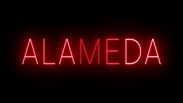 Мерцающий Красный Неоновый Знак Стиле Ретро Светится Черном Фоне Alameda — стоковое видео