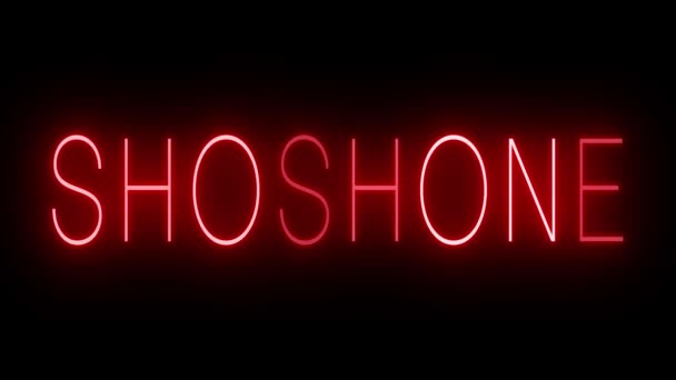 Мерцающий Красный Неоновый Знак Стиле Ретро Светится Черном Фоне Shoshone — стоковое видео