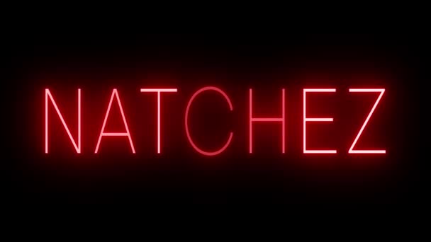 Natchezのための黒い背景に対して輝く赤いレトロスタイルのネオンサインを折り畳みます — ストック動画