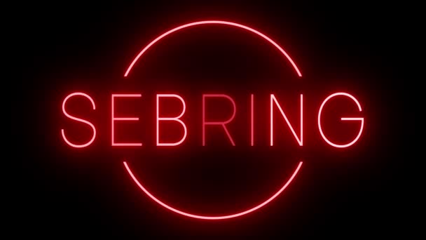 Мерцающий Красный Неоновый Знак Стиле Ретро Светится Черном Фоне Sebring — стоковое видео