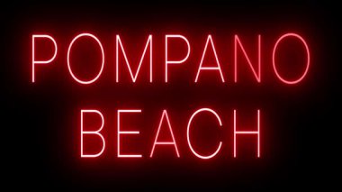 POMPANO BEACH için siyah bir arkaplan üzerinde parlayan yanıp sönen kırmızı retro tarzı neon ışığı