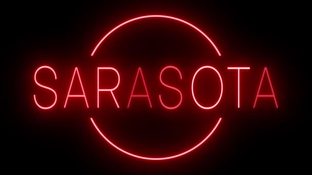 Flackernde Rote Leuchtreklame Retro Stil Vor Schwarzem Hintergrund Für Sarasota — Stockvideo
