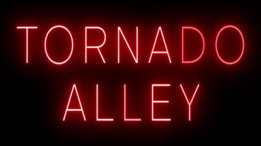 TORNADO ALLEY için siyah bir arkaplan üzerinde parlayan yanıp sönen kırmızı retro tarzı neon tabela