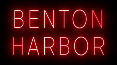 BENTON Limanı için siyah bir arkaplan üzerinde parlayan yanıp sönen kırmızı retro tarzı neon tabela