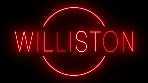 Flackernde Rote Leuchtreklame Retro Stil Vor Schwarzem Hintergrund Für Williston — Stockvideo