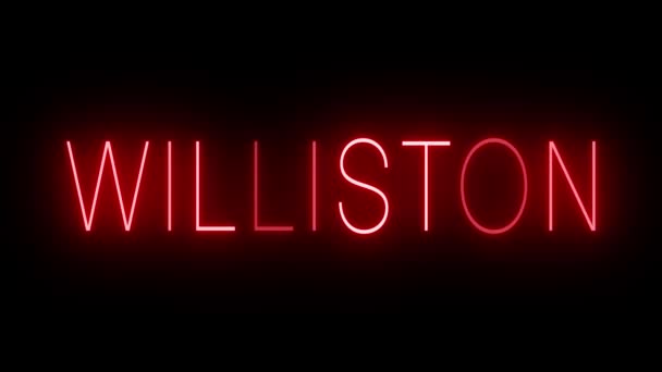 Flackernde Rote Leuchtreklame Retro Stil Vor Schwarzem Hintergrund Für Williston — Stockvideo