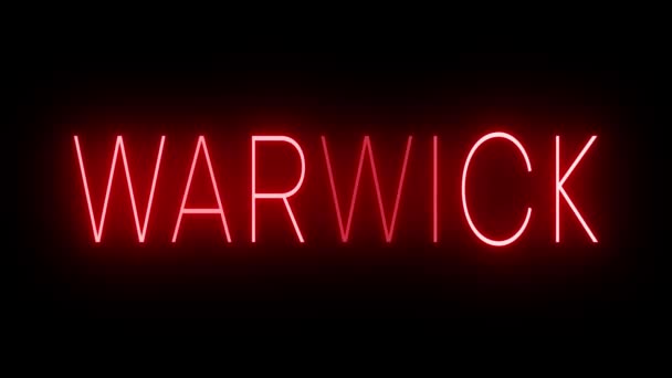 Мерцающий Красный Неоновый Знак Стиле Ретро Светится Черном Фоне Warwick — стоковое видео