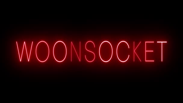 Flickering Red Retro Style Neon Sign Glowing Black Background Woonsocket — Stock Video