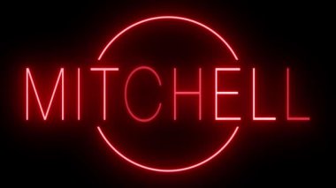MITCHELL için siyah bir arkaplan üzerinde parlayan yanıp sönen kırmızı retro tarzı neon tabela