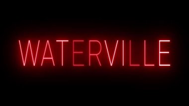 WATERVILLE için siyah bir arkaplan üzerinde parlayan yanıp sönen kırmızı retro tarzı neon tabela