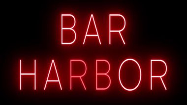Parıldayan kırmızı retro tarzı neon ışığı Bar Harbor için siyah bir arkaplan üzerinde parlıyor