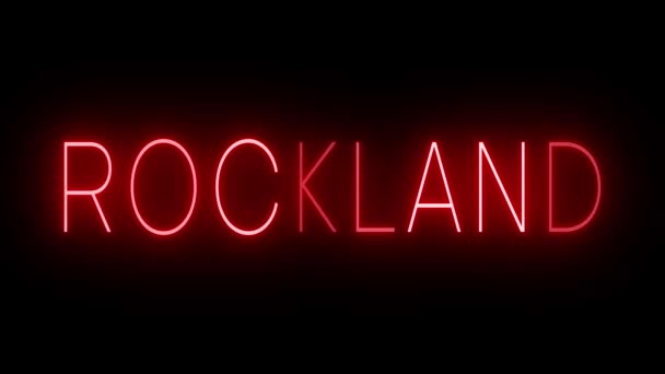 Мерцающий Красный Неоновый Знак Стиле Ретро Светится Черном Фоне Rockland — стоковое видео