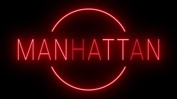 Мерцающий Красный Неоновый Знак Стиле Ретро Светится Черном Фоне Manhattan — стоковое видео