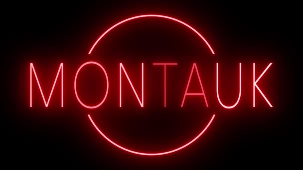 Flickering Red Retro Style Neon Sign Glowing Black Background Montauk — Stock Video