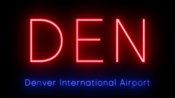 Czerwony Neon Retro Trzyliterowym Identyfikatorem Międzynarodowego Portu Lotniczego Den Denver — Wideo stockowe