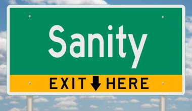 Yeşil ve sarı otoyol çıkış işareti ve SANITY için ok